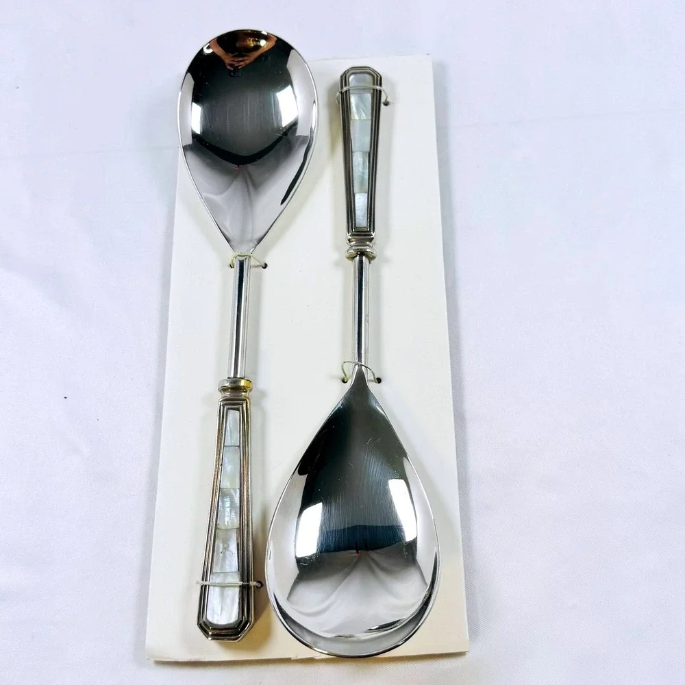 Mother of Pearl Inlay Silver Plated Serving Spoons 2pc Unused Coastal Chic READ